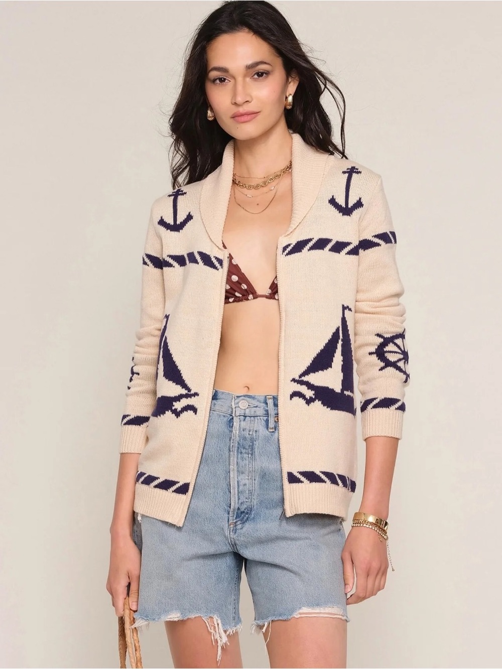 NWT Heartloom Trixie Anchor Boat Print Novelty Cardigan Beach Coastal Nautical